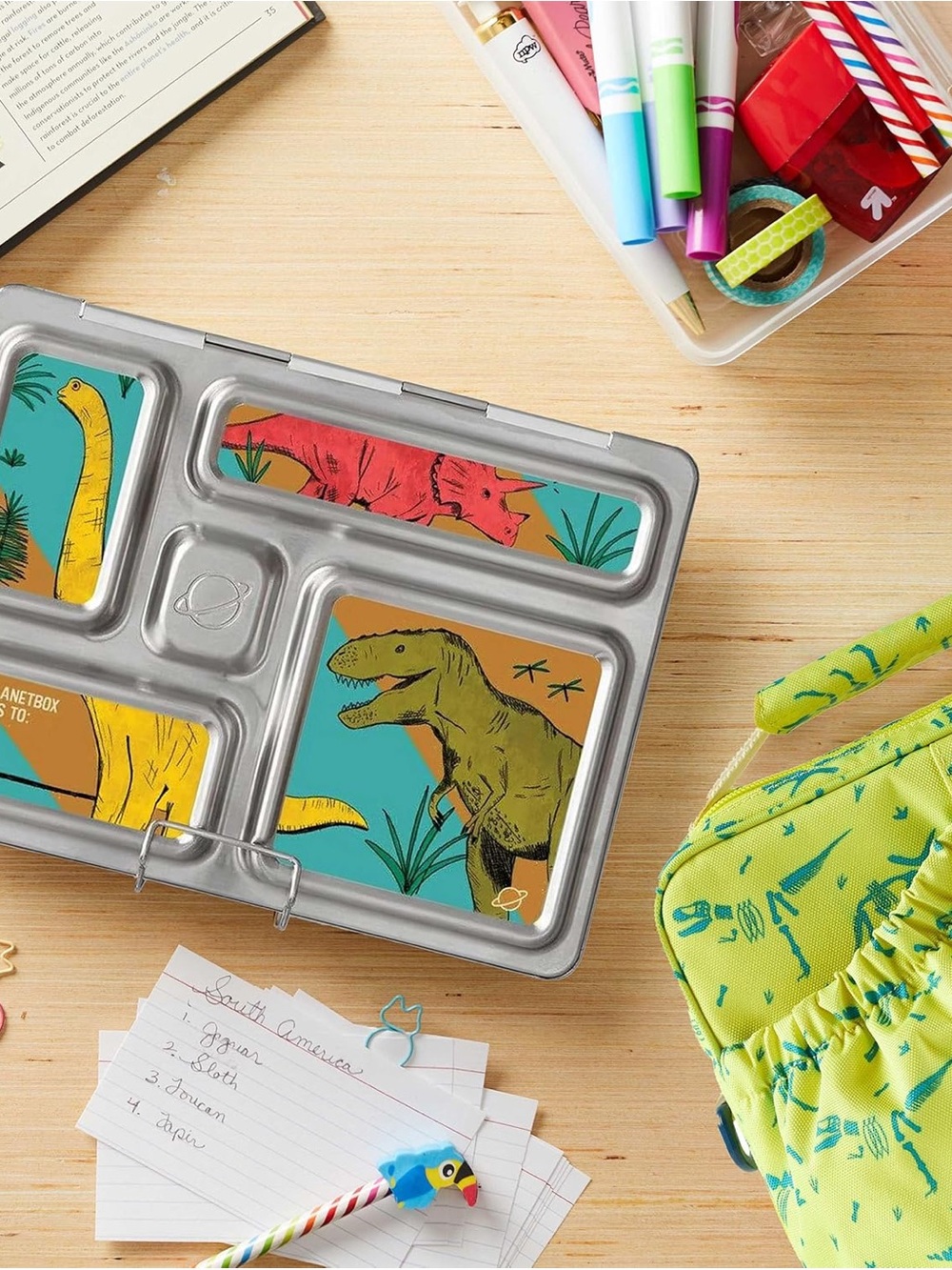 PlanetBox Rover Stainless Steel Lunch Box for Kids with 5 Comp Dino Dig Edition